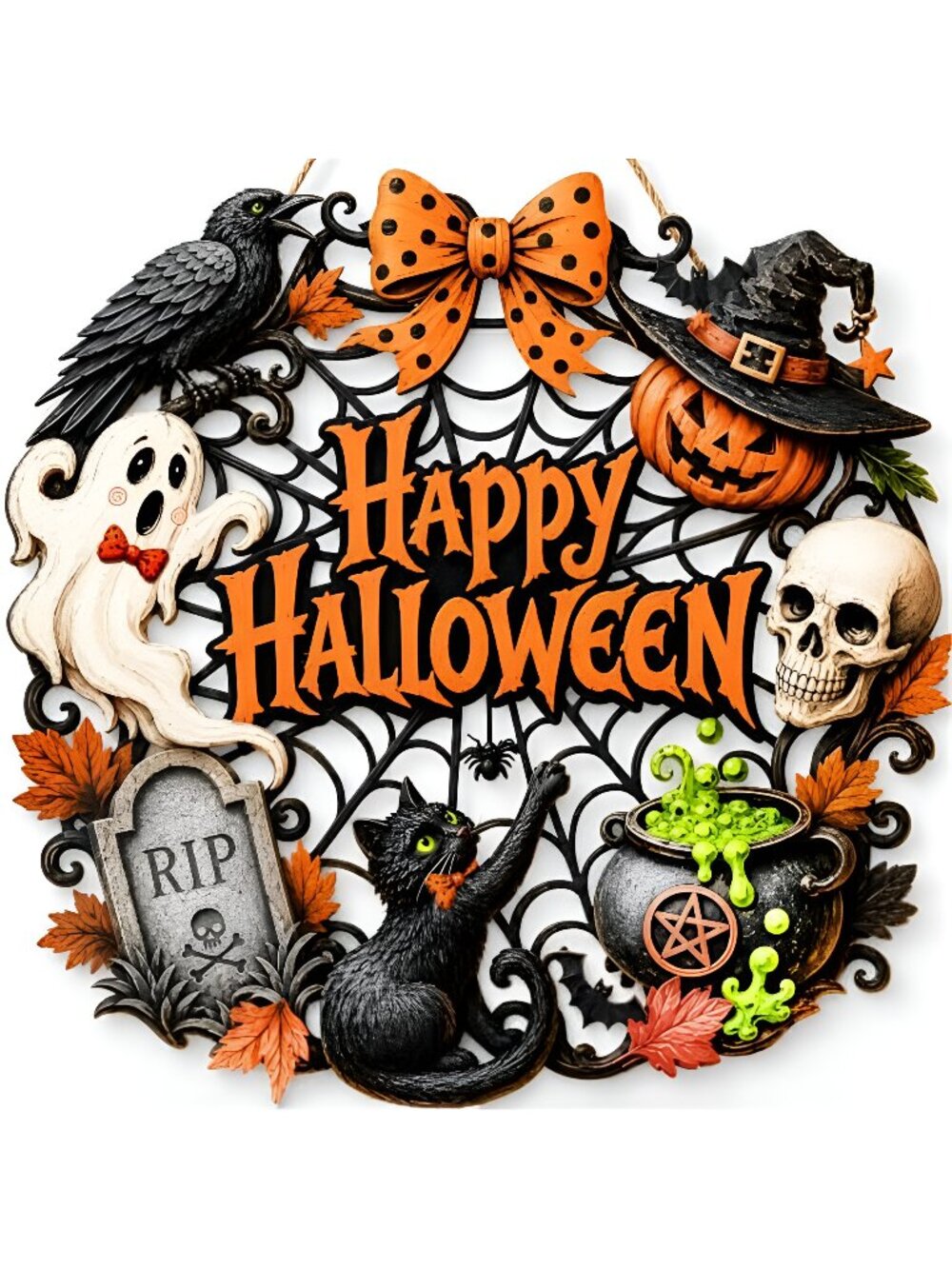 Halloween Door Decorations, Wooden Black Cat Pumpkin Wreath for Front Door